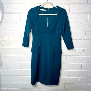 NEW Maggy London Turquoise Teal Midi Career Dress Women’s 6 V Neck Wrap Fitted